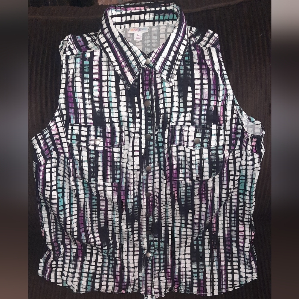 LuLaRoe Sleeveless Button Down Shirt - Black, Purple, Teal